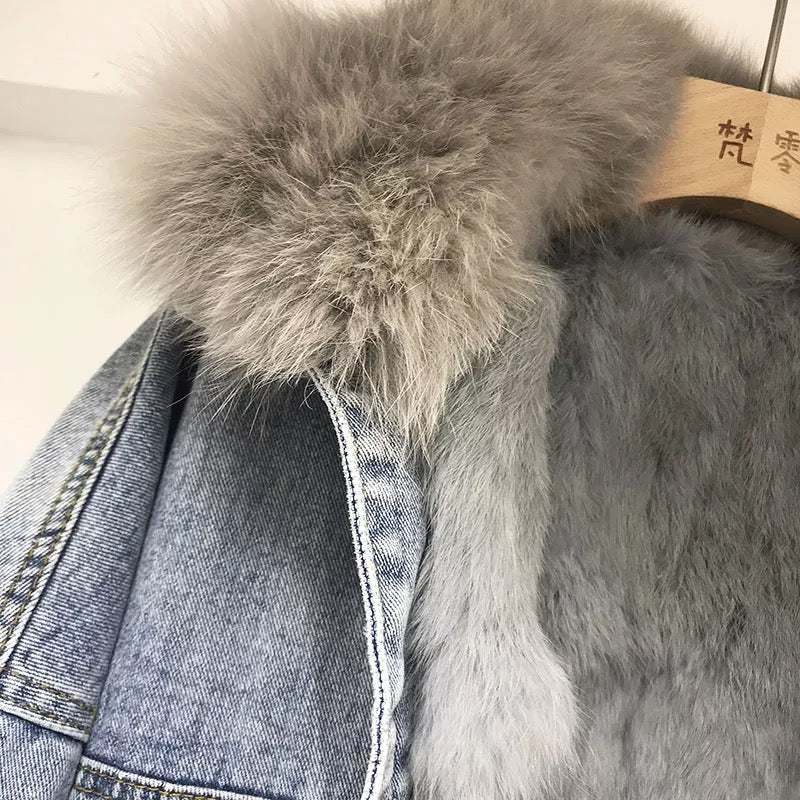 Denim and Fox Fur Jacket with Detachable Rabbit Fur Interior -  paulamariecollection